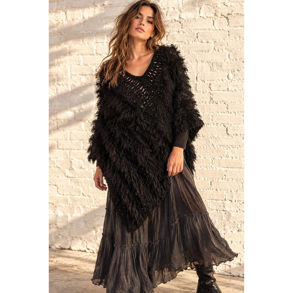 Vintage Handmade Black Crochet Eyelash Knit Shaggy Poncho Vest Boho Witchy M/L
